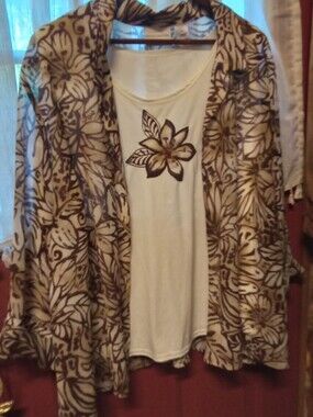 Alfred Dunner Cream and Brown Floral Open Tee and Cardigan Set